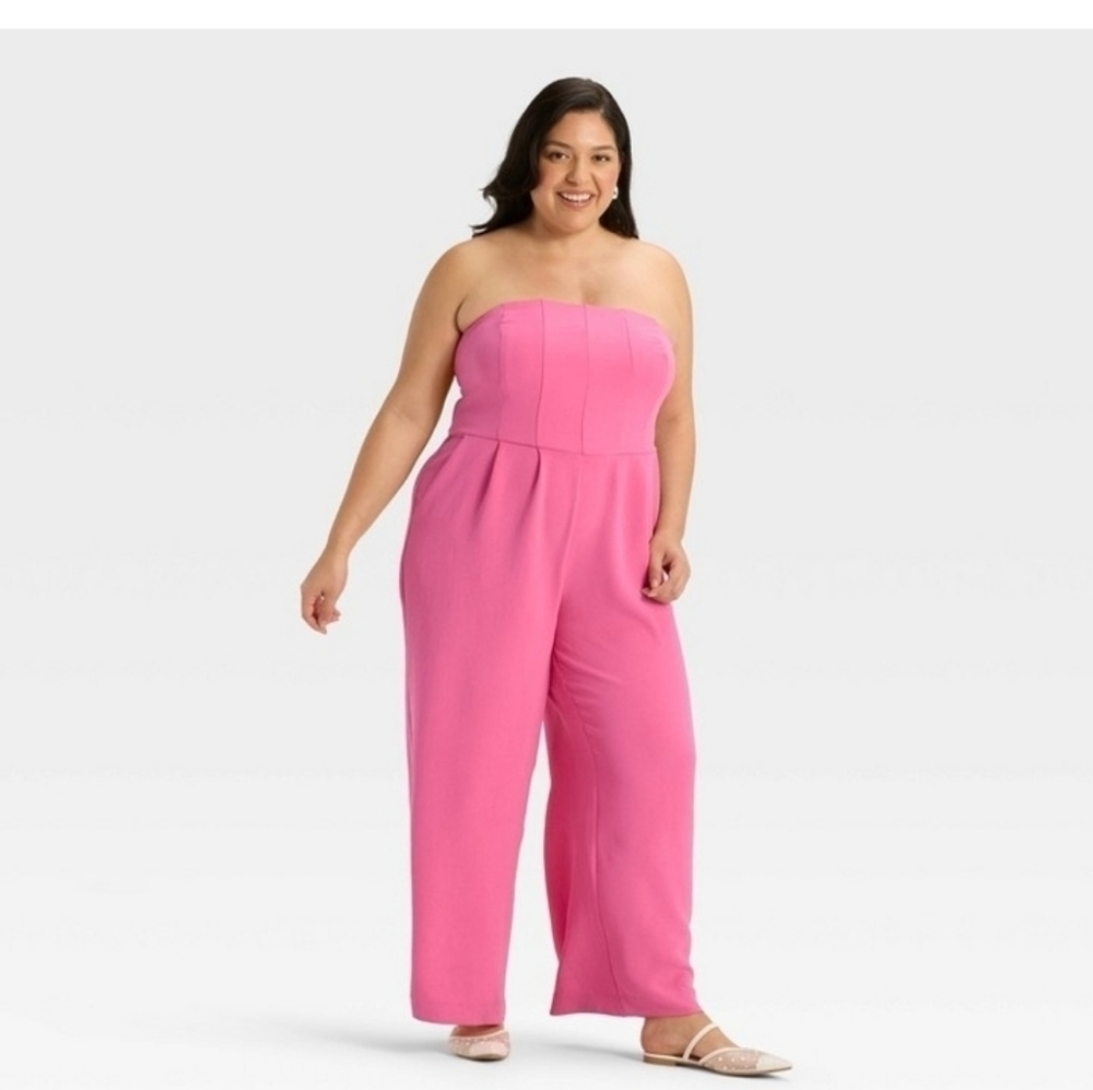 A New Day Women's Strapless  Jumpsuit Hot Pink Side Pockets